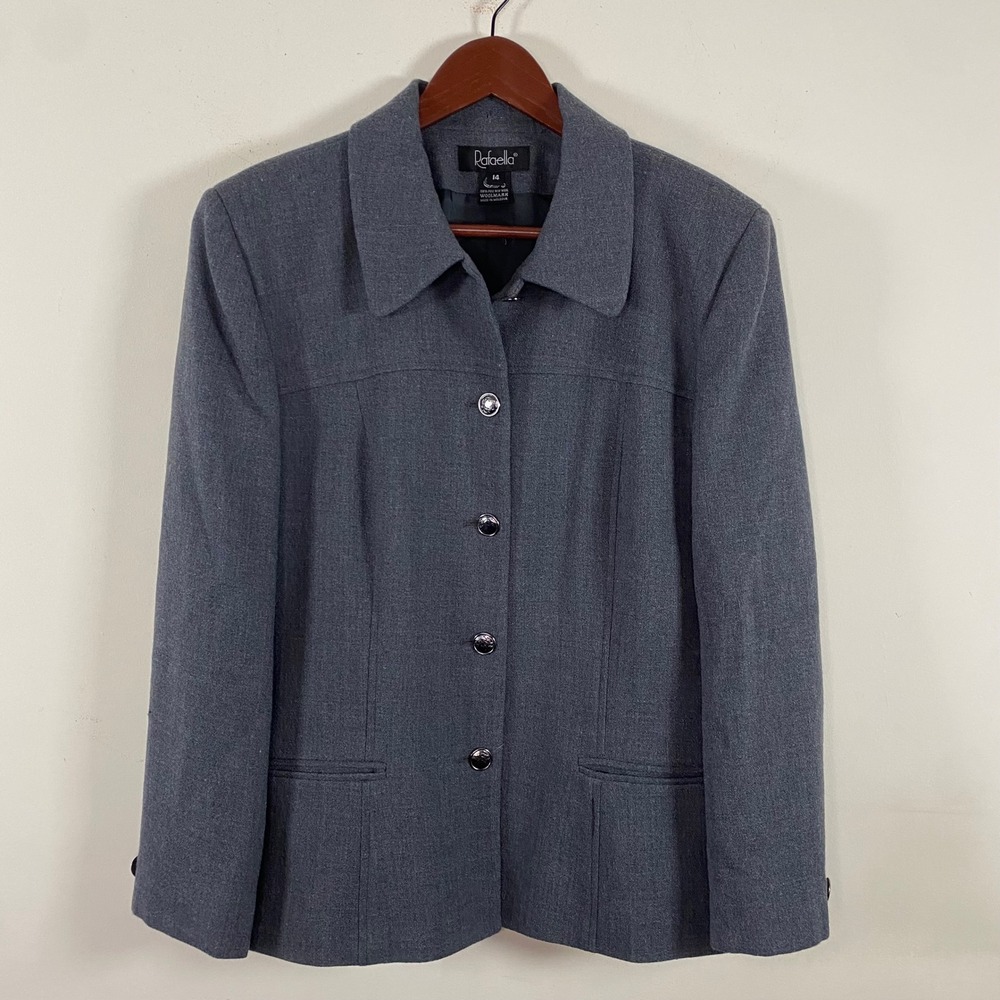 Vintage Rafaella 100% Wool Structured Button Up Jacket Collared Gray Women's 14 - Picture 2 of 9